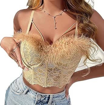 Amazon.com: GIYKBX Bralette de encaje para mujer, top corto de plumas, sexy, transparente, con cuello en V, Camello, Pequeña : Ropa, Zapatos y Joyería