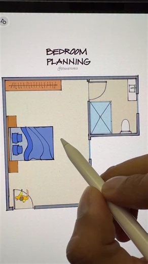 Bhupeshkumar - 07Sketches (Architecture & Design) on Instagram: "Stop these bedroom planning mistakes. A bed facing the entrance is visible on entry, beside the door causes disturbance, and under a window brings in noise. Place the bathroom near the entrance and rotate the bed to view the entry and TV while keeping the space calm."