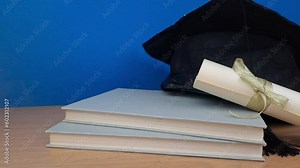 Graduation Hat And Diploma Degree, On Table With Book. Screen Blue, Space On Parchment.