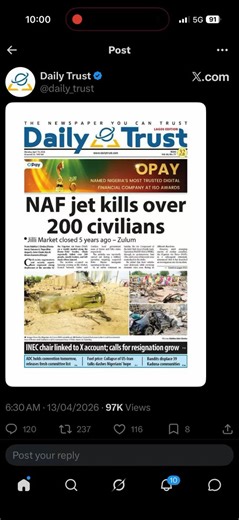 Hello @DailyTrust, Why did you delete the post. You’re being a Boko Haram apologists.It’s disappointing even the reputable newspaper like Daily Trust is publishing old pictures of 2014 and 2018 to mislead the public.The Jilli market has been a spot for Boko Haram logistics suppliers and traders; the market had been closed almost five years ago. Anybody caught in the fire supplying the terrorists killing us is also a terrorists.