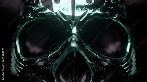 Human skull with metal accents close-up. Horror and halloween fear concept. 3d animation
