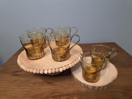 Vintage Libbey Continental Coffee Cups, Featuring Amber Glass and a Gold-colored Metal Greek Key Handle - Etsy