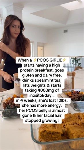 PCOS Weight Loss • Tallene Hacatoryan on Instagram: "I want all of my PCOS girlies to try these steps 🤌🏼 Seriously! Just 4 weeks will make a difference you won’t believe! 🥩 A high protein breakfast stabilizes blood sugars to reduce cravings ❌ Gluten/Dairy free reduces inflammation and gut irritation ☕️ Drinking spearmint tea lowers high androgens like testosterone that lead to symptoms like acne and unwanted facial hair 🏋🏻‍♀️ Lifting weights builds muscle to help uptake glucose and improve