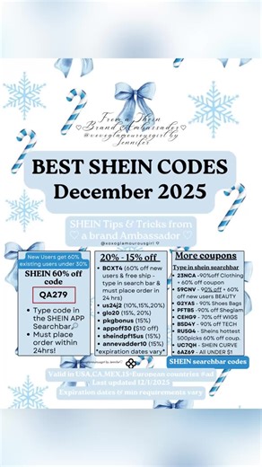 Best December Shein coupon codes for 2025 and 2026 🩵 Type any of these Shein codes into the SHEIN APP Searchbar and checkout within 24 hours to activate these shein winter deals! Works internationally! #shein #sheincode #sheincoupon #creatorsearchinsights #fyp shein codes for december 2025 shein codes 2026 shein december coupons now shein diciembre codigos cupones descuentos gratis shein viral codes shein discount code now shein coupon december shein winter finds shein tutorial how to save mone