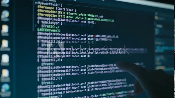 Computer Screen Displays Complex Code in Blue Light with Finger Pointing at Script Stock ビデオ