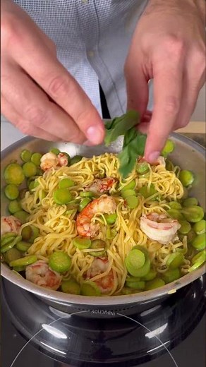Tagliolini with trumpet zucchini, shrimp, and basil 🌿 #sebastianfitarau