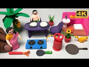 🏡 DIY How To Make Polymer Clay Miniature Village House, Washroom Set, Kitchen Set, Doll, Dining Set