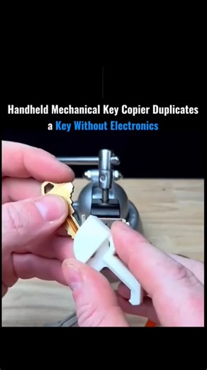 Trendingsociety on Instagram: "This handheld key duplicator copies a key using pure mechanical precision—no electronics, no software, no digital scans. Instead of reading data, it reads form. As the original key passes through the device, its grooves, depths, and spacing are physically traced and transferred onto a blank key through exact alignment and steady pressure. The tracer and cutting wheel move together in perfect synchronization, carving the duplicate in real time. Every motion is mirro