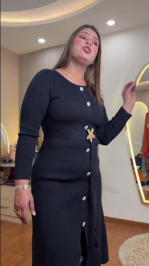 Imported fabric woolen one pc dress with front buttons detailing with detachable belt