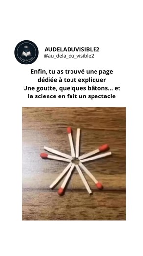 Univers_étonnant🪐 on Instagram: "@au_dela_du_visible2 Une expérience simple avec des allumettes et de l’eau révèle comment la physique et la capillarité peuvent créer des effets surprenants. Lorsqu’on place une goutte d’eau au centre d’une formation fermée d’allumettes, l’eau est rapidement absorbée par les fibres du bois. Ce processus, appelé capillarité, provoque le gonflement et la dilatation des allumettes. Lorsque les allumettes se dilatent, la force générée les pousse vers l’extérieur, cr