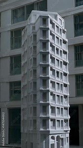 Architectural scale model of a residential high rise building with detailed facade and stacked balconies, urban design, monochromatic scheme.