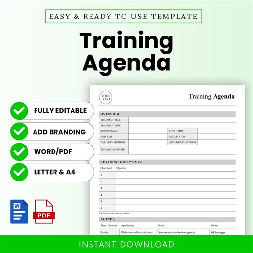 Training Agenda Template – Word & PDF, A4   US Letter - Etsy