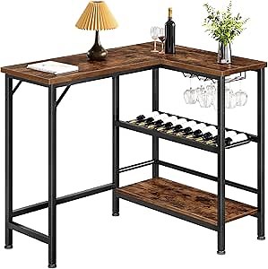 L-Shaped Bar Table, Bar Height Table, Kitchen Bar Table with Wine Rack, Glass Holder and Storage Shelf, Industrial Style, for Dining Room, Living Room, Pub, Rustic Brown and Black TBT01BF