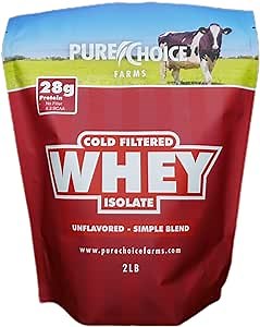 Pure Choice Unflavored Whey Protein Isolate Powder, 28g Protein & Sugar-Free, Undenatured Whey, 1 Ingredient, No Fillers or Artificial Sweeteners (Unflavored, 2 lb)