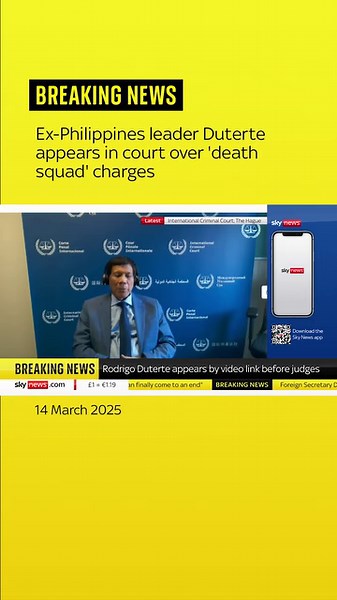 Former Philippines leader Rodrigo Duterte appears in court over death squad allegations in his drug crackdown from 2011 to 2022. The 79-year-old joined The Hague hearing via video, citing health issues. #skynews #Duterte #TheHague | Sky News