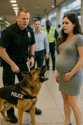😲 A police K9 German Shepherd suddenly started growling and barking intensely at a pregnant woman, preventing her from moving forward in the airport. Everyone was stunned when they realized what was happening. One morning at the airport, the experienced K9, a German Shepherd, began growling and barking at a pregnant woman. His behavior was strange and unsettling: he wouldn’t let the woman pass. His partner, Officer Grant, approached to check the situation. Everything seemed normal, and there wa
