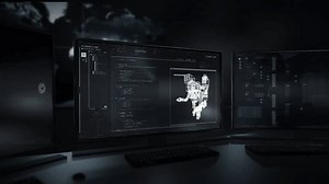 Robot Script Data In Video Game Development Software On Computer Screen. Programming Ai Script Data For Military Robot Enemy. Robot Technology Projection With Advanced Program Script Data