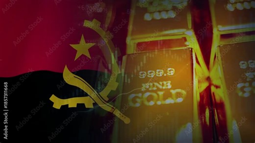 The Angolan flag, gold bars, and economic data charts illustrate business partnerships, trade, and investment.