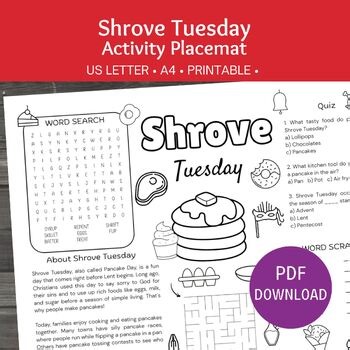 Shrove Tuesday Activity Placemat, Pancake Day Sunday School Lesson, Mardi Gras