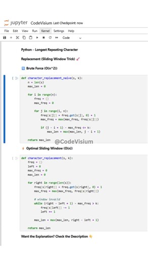 CodeVisium on Instagram: "Find the longest substring where you can replace at most k characters to make all characters equal using a sliding window in O(n). #PythonDSA #SlidingWindow #CodingInterview #Algorithms #LeetCode"