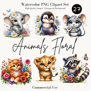 Watercolor Baby Animals With Flowers Collection: 27 PNG Safari Animal Clipart, Elephant & More - Cute Baby Animal Bundle for Commercial Use - Etsy