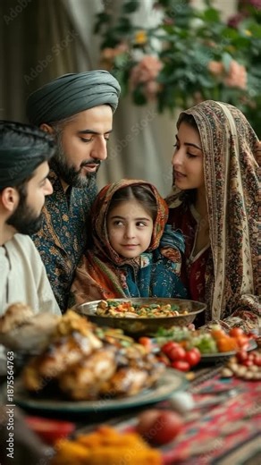 A family gathered around a Haft-Seen table, dressed in traditional Persian attire, celebrating Nowruz with smiles and joy