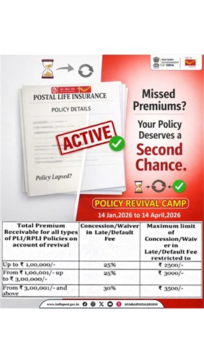 Revive your PLI / RPLI Policy . Restore your future! Good news for Postal Life Insurance (PLI) and Rural Postal Life Insurance (RPLI) policyholders! From 14 Jan to 14 Apr 2026, revive your lapsed policy with approved late fee waivers and one-time lump-sum payment options. 🔹 Waiver on late/default fee (T&C apply) 🔹 Simple revival process 🔹 GST applicable as per norms 📍 Visit your nearest Post Office / PLI CPC ⏰ Limited period — act now and secure your cover! #indiapost #daksewajansewa #policy