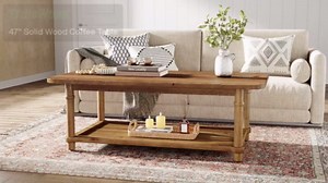 47" Rectangle Coffee Table, Solid Wood Center Table with 2-Tier Storage, Modern Farmhouse Coffee Furniture for Living Room, Home & Family Room, Natural Brown