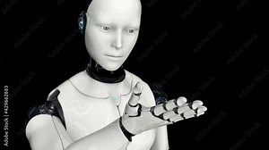 Artificial intelligence. Futuristic humanoid robot moves its head, eyes and scans, studies the movement of his hand. The camera flies around the robot. On a black background. 4K. 3D animation.