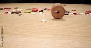 Tailoring and sewing workshop concept, Threads, tape measure, tailor spools and buttons , close-up