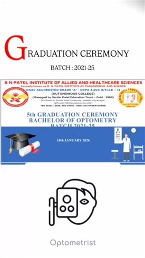 B N Paramedical on Instagram: "🎓 5th Graduation Ceremony | Optometry (2021–25) A proud moment at BNPIAHS as Optometry graduates received their internship certificates and took the Optometry Oath ✨ Graced by Dr. Samir Bhavsar (Chief Guest) and Dr. Chaitali Patel & Dr. Yogesh Parmar (Guests of Honour). 🏆 Academic Achiever: Mr. Vraj Jadav Celebrating dedication, excellence, and new beginnings 🎉 #GraduationReel #Optometry #BNPIAHS #proudmoment"