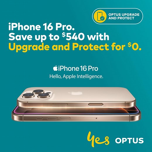 Pre-Order the new iPhone 16 Pro at Optus: bit.ly/3XpECa5 Get Upgrade and Protect for $0 on our Optus Promo SIM Plan over 36 months. With Upgrade and Protect, you can upgrade to a new phone on a payment plan in the last 12 months with no payout on the iPhone 16. Apple Intelligence coming December 2024. $79 Optus Plus Promo plan: Ends 02/12/24. Optus Upgrade and Protect subscription normally $15/mth and only included for devices purchased on a payment plan. Must return old device in good working o