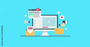 Flat design animation of Digital marketing, Email newsletter marketing, Opening email on laptop, Email delivery system - flat design 2d animation video clip