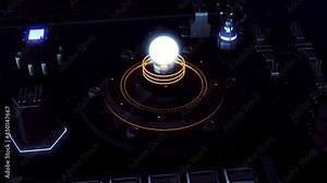 Interior details of an alien space ship with a glowing light bulb. Motion. Space aircraft dashboard with colorful buttons and indicators.