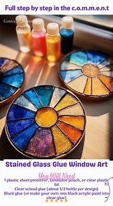 Stained Glass Glue Window Art There's something special about creating beauty together, especially on a cozy day at home. Ingredients: - 1 plastic sheet protector, laminator pouch, or clear plastic lid - Clear school glue (about 1/2 bottle per design) - Black glue (or make your own: mix black acrylic paint into clear glue) Directions: 1. Start by preparing your plastic sheet protector or similar surface where you'll create your design. This will be your canvas. 2. Gently use the clear school glu