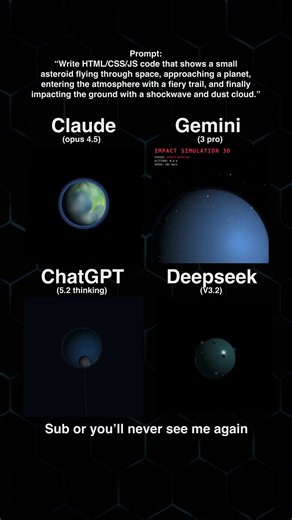 21 ChatGPT vs Gemini vs DeepSeek vs Claude — 3D Asteroid Impact Animation (HTML/CSS/JS)