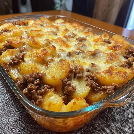 🥔🍔 Hamburger Potato Casserole A Cozy Family-Style Classic 💛 Layers of tender sliced potatoes, savory seasoned ground beef, creamy mushroom sauce, and plenty of melty cheese come together in this hearty Hamburger Potato Casserole. Warm, filling, and wonderfully nostalgic, it’s the kind of comforting dinner that’s perfect for busy weeknights, potlucks, or cozy family gatherings around the table. Ingredients • 1 1/2 lb ground beef • 4 large russet potatoes, peeled and thinly sliced • 1 medium on