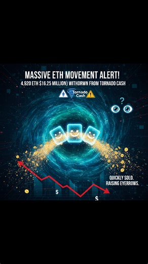 💸 Massive ETH Movement Alert! Three new crypto wallets have just withdrawn a total of 4,920 ETH (worth around $16.25 million) from Tornado Cash, a popular crypto mixer used for privacy transactions. 🌀 🔍 On-chain data shows the ETH was quickly sold after withdrawal, raising eyebrows in the crypto community 👀. 💱 Such large-scale movements through Tornado Cash often spark discussions about market impact, anonymity, and regulatory scrutiny. ⚠️ Tornado Cash remains controversial due to its past 