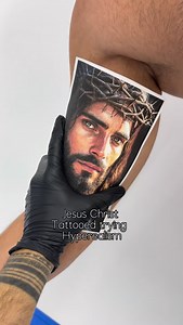 Jesus’s portrait Tattooed trying hyperrealism,3 consecutive days. #tattooist #colorportrait #jesustattoo #tattooartistny #tattooartist #nyc #realistictattoo @kwadron @aloetattoo @xtremetattooink @inkjetstencils | Gabriele Pellerone Tattoo