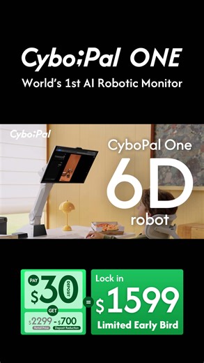🎫 CyboPal ONE Launch Special — Save $700! Pay a $30 deposit now to lock in your VIP Exclusive Price $1,599 MSRP $2,299 · First come, first served The world’s first active-tracking AI robotics monitor — your screen moves with you, not the other way around. Featuring responsive tracking, touch-free control, and a 6-axis robotic arm, CyboPal ONE is built for the future of human–computer interaction. 🚀 Be among the first to experience the next evolution of displays. | CyboPal
