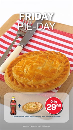 Friday Pie Day 🥧 Buy our classic pie & 440ml Buddy cooldrink and get lunch delivered for only R29.99! 💰 Savour the day with just a tap on the app 📲 *Valid 7 November 2025 only. Ts&Cs apply. #FridayPieDay #AsapDelivers | Pick n Pay asap!