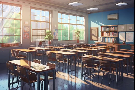 school classroom interior in anime illustration style, 4K animated background