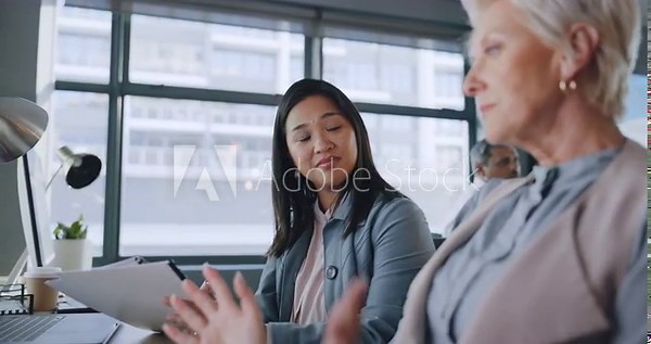Business, women and conversation in office, marketing planning and advertising campaign. CEO, people and employees for sales growth, manager explain system and communication for process and speaking