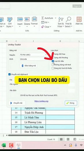 Chuyển họ tên từ có dấu sang không dấu trong Excel