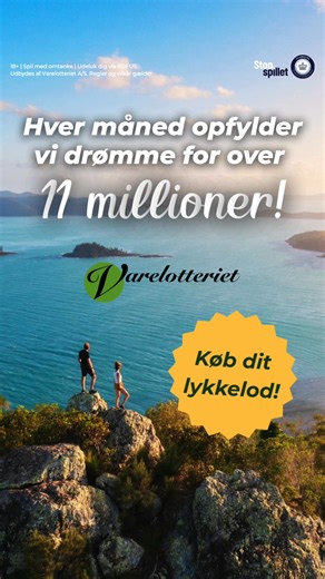 Hvad ville du gøre med 1 million kroner? 😍 Hos Varelotteriet kan du hver måned være med i 2 trækninger og få hele 4 millionærchancer! 💫 Det koster kun 100 kr. om måneden med kvartalsvis betaling. Giv din drøm en fast chance – spil med i et af Danmarks mest gevinstgivende lotterier! 🍀 Regler og vilkår gælder. | Varelotteriet A/S