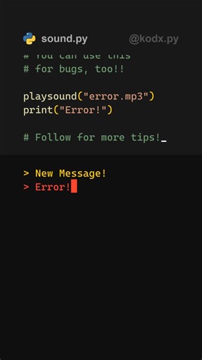kodx | Creator & Programmer on Instagram: "Did you know this about Playsound? 🫨 This python library will leave you SPEECHLESS. It's so easy to use! You can add sounds sooo easily to your scripts, and make them more exciting to use! The best thing I've discovered! #viralpython #fypcoder #programmingtips"