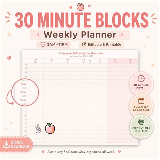 30 Minute Weekly Planner, Editable Hourly Schedule, Half Hour Time Blocking, Printable Pastel Planner, Digital HTML Weekly Calendar - Etsy