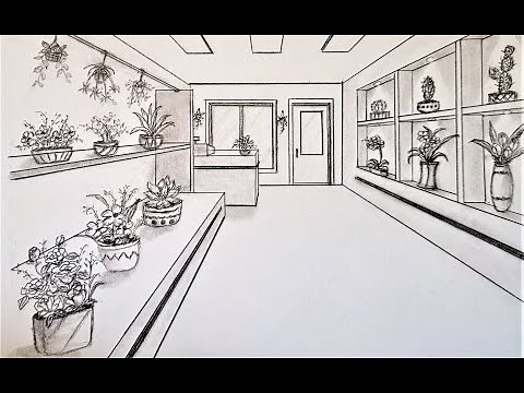 How to draw a room in one point perspective, a flower shop, step by step drawing