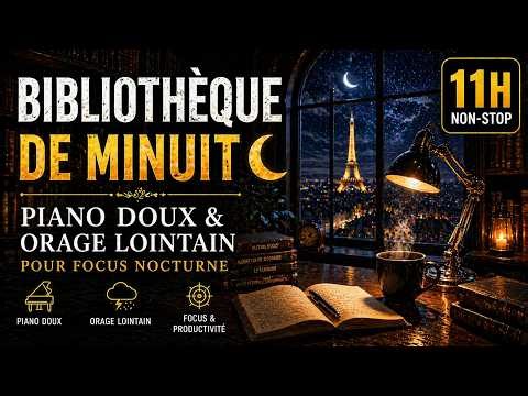 Bibliothèque de Minuit 🌙 Piano Doux et Orage Lointain pour Travailler la Nuit