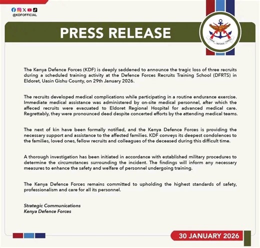 3 KDF recruits die after training in Eldoret